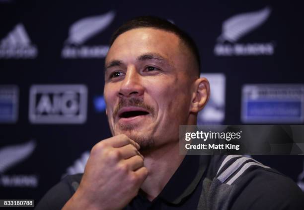 Sonny Bill Williams speaks to the media during a New Zealand All Blacks press conference at The Intercontinental on August 17, 2017 in Sydney,...