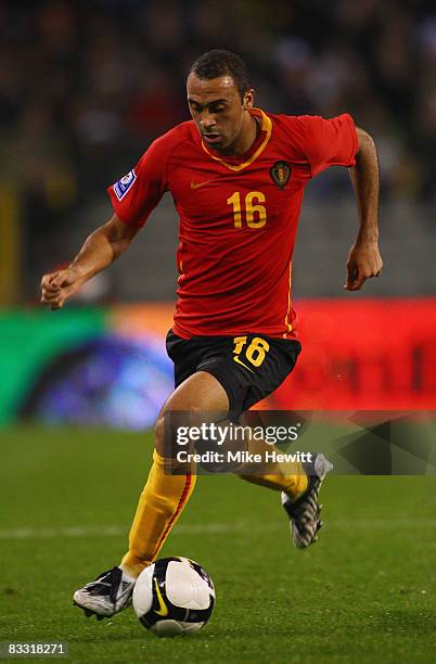 Anthony Vanden Borre of Belgium runs with the ball during the FIFA 2010 World Cup Group 5 Qualifier between Belgium and Spain at the King Baudouin...