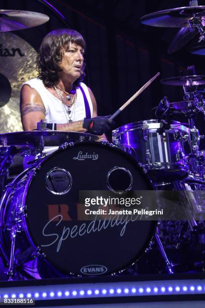 Bryan Hitt from REO Speedwagon performs in concert at Northwell Health at Jones Beach Theater on August 16, 2017 in Wantagh, New York.