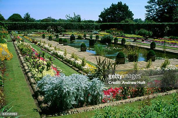 kensington palace gardens, pool and flowers - kensington palace gardens stock pictures, royalty-free photos & images
