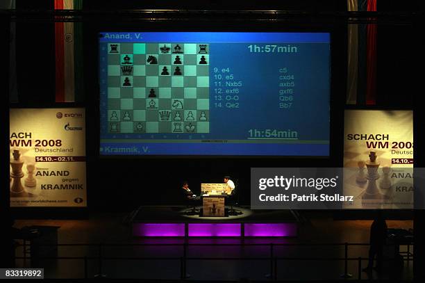 Russian chess grandmaster Vladimir Kramnik and Indian chess world champion Viswanathan Anand concentrate during their match on October 17, 2008 in...