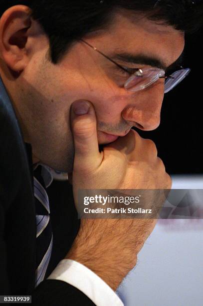 Russian chess grandmaster Vladimir Kramnik concentrates during his match against the Indian chess world champion Viswanathan Anand on October 17,...