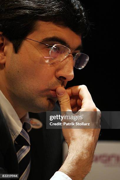 Russian chess grandmaster Vladimir Kramnik concentrates during his match against the Indian chess world champion Viswanathan Anand on October 17,...