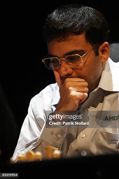 Indian chess world champion Viswanathan Anand concentrates during his match against the Russian chess grandmaster Vladimir Kramnik on October 17,...