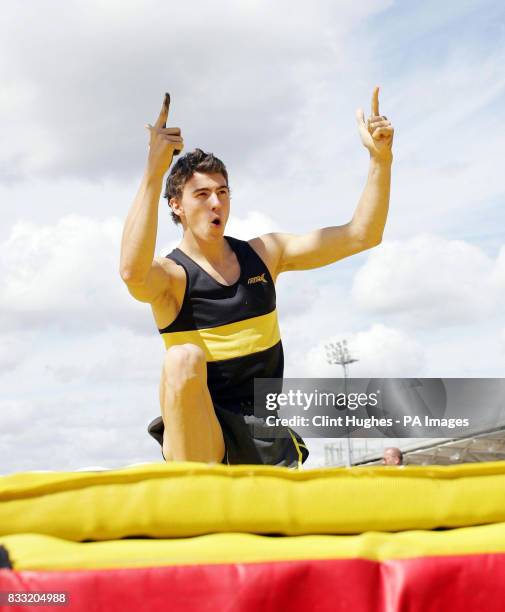 Steve Lewis celebrates after winning the Mens High Jump during the Norwich Union World Trials and UK Championships at the Manchester Regional Arena,...