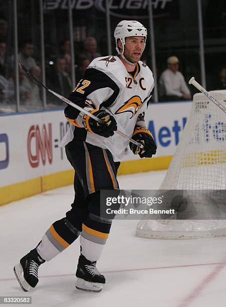 Craig Rivet of the Buffalo Sabres skates against the New York Rangers on October 15, 2008 at Madison Square Garden in New York City.