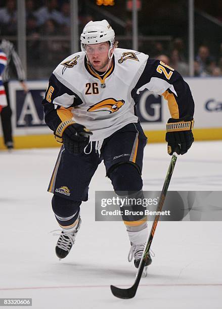 Thomas Vanek of the Buffalo Sabres skates in warmups prior to playing his first game as a Sabre against the New York Rangers on October 15, 2008 at...