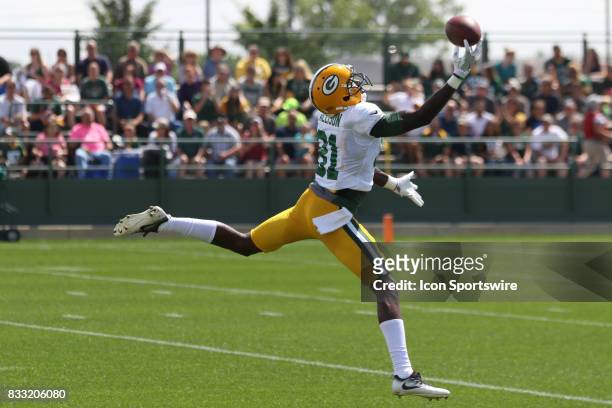 Green Bay Packers wide receiver Geronimo Allison reels in a one handed catch during Green Bay Packers training camp at Ray Nitshke Field on August...
