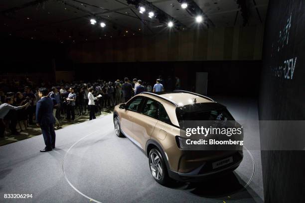 Hyundai Motor Co. Next generation fuel-cell electric sport utility vehicle stands on display during an unveiling event in Seoul, South Korea, on...