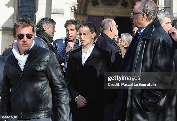 Benjamin Castaldi, Marc-Olivier Fogiel and Jean-Pierre Castaldi attend Guillaume Depardieu's funeral service at Notre-Dame Church on October 17, 2008...