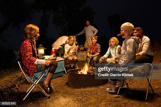 family roasting hotdogs around campfire - family with five children stock pictures, royalty-free photos & images