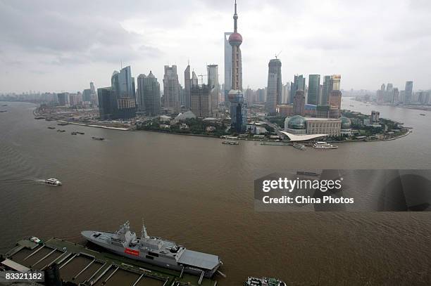 South African Navy's frigate SAS SPIOENKOP is seen at the Yangtze River wharf on October 17, 2008 in Shanghai, China. The escort warship, headed by...