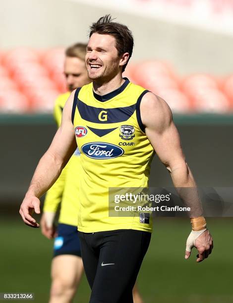 Patrick Dangerfield of the Cats looks on during a Geelong Cats AFL training session at Simonds Stadium on August 17, 2017 in Geelong, Australia.