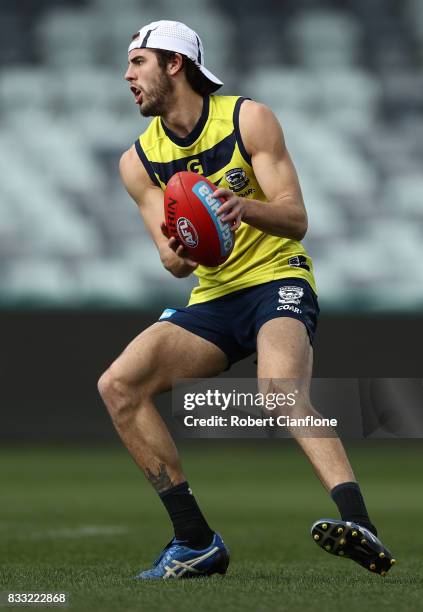 James Parsons of the Cats controls the ball during a Geelong Cats AFL training session at Simonds Stadium on August 17, 2017 in Geelong, Australia.