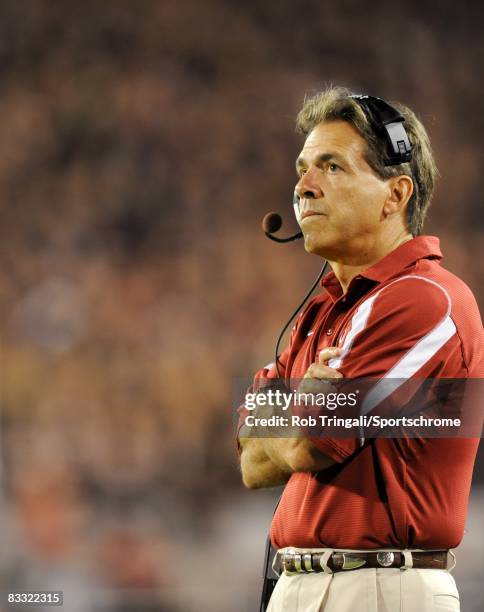 Head coach Nick Saban of the Alabama Crimson Tide looks on during a game against the Georgia Bulldogs at Sanford Stadium on September 27, 2008 in...