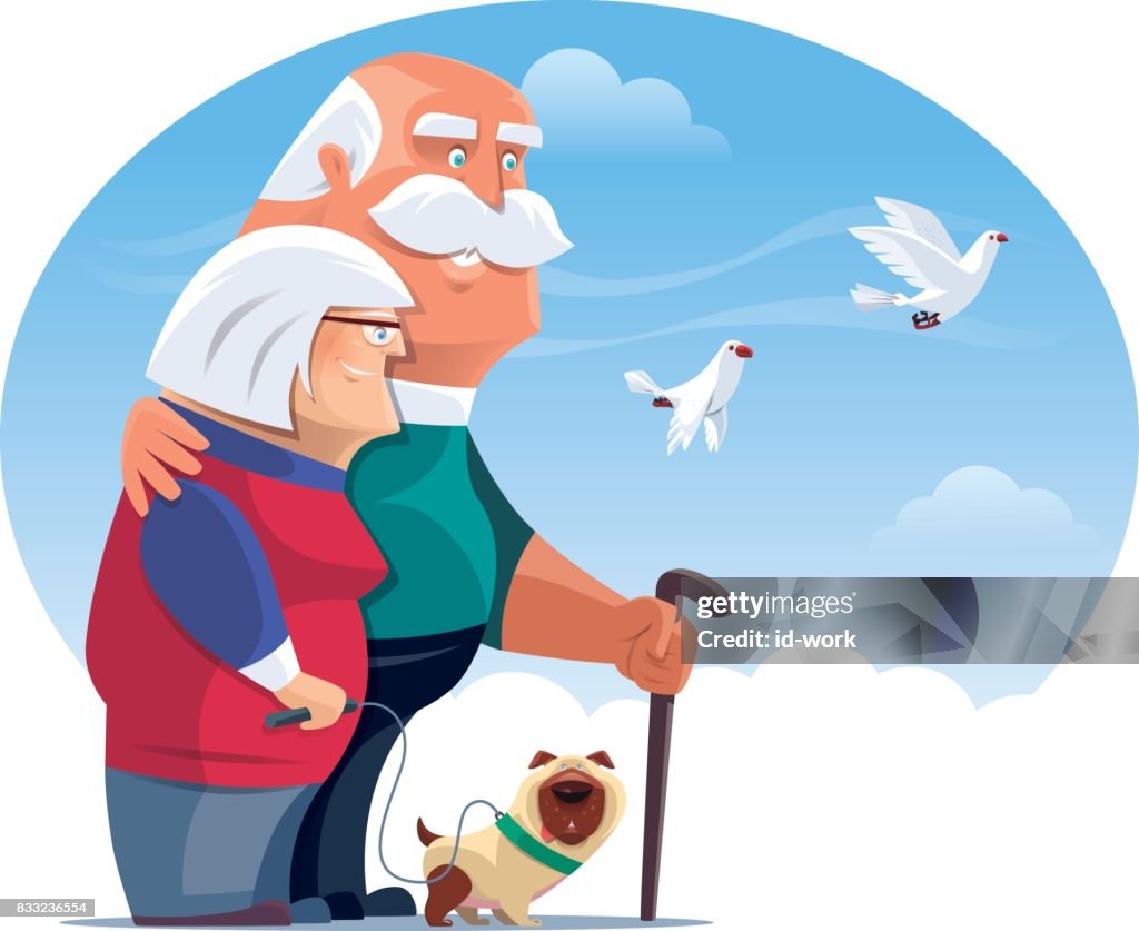 Happy Senior Couple With Dog And Doves High-Res Vector Graphic - Getty  Images