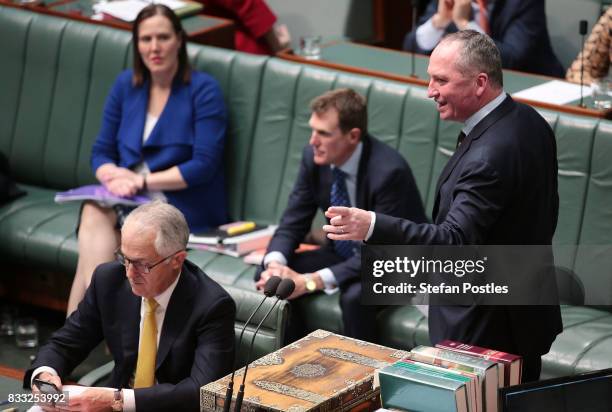 Deputy Prime Minister Barnaby Joyce during House of Representatives question time at Parliament House on August 17, 2017 in Canberra, Australia....