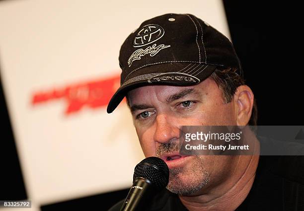 Craftsman Truck Series driver Mike Skinner speaks with the media about his son Dustin making his first start at Martinsville Speedway during rain...