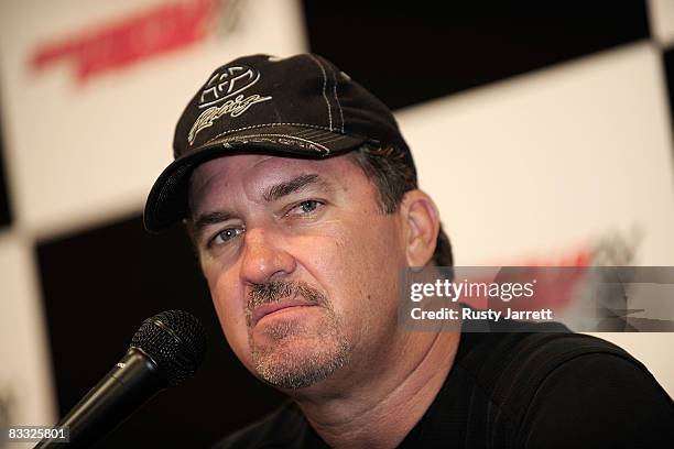 Craftsman Truck Series driver Mike Skinner speaks with the media about his son Dustin making his first start at Martinsville Speedway during a rain...