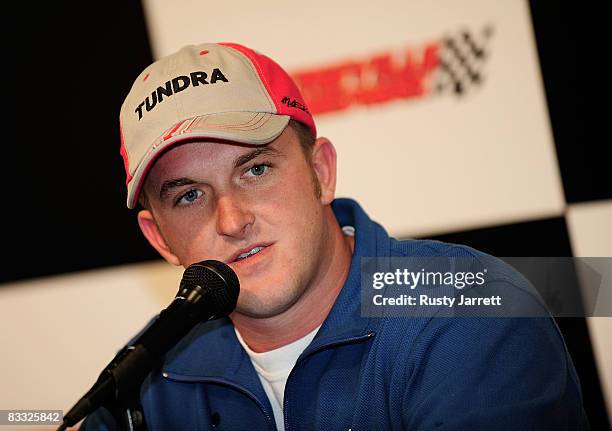Craftsman Truck Series driver Dustin Skinner speaks with the media about making his first start at Martinsville Speedway during rain delayed practice...
