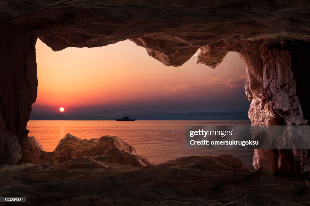 View of the sunset from the cave inside in Thasos, Greece