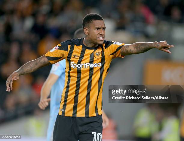 Abel Hernandez of Hull City pointing during the Sky Bet Championship match between Hull City and Wolverhampton Wanderers at KCOM Stadium on August...