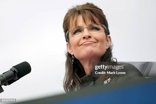 Republican vice presidential candidate Alaska Governor Sarah Palin speaks during a campaign rally October 17, 2008 in West Chester, Ohio. It has been...