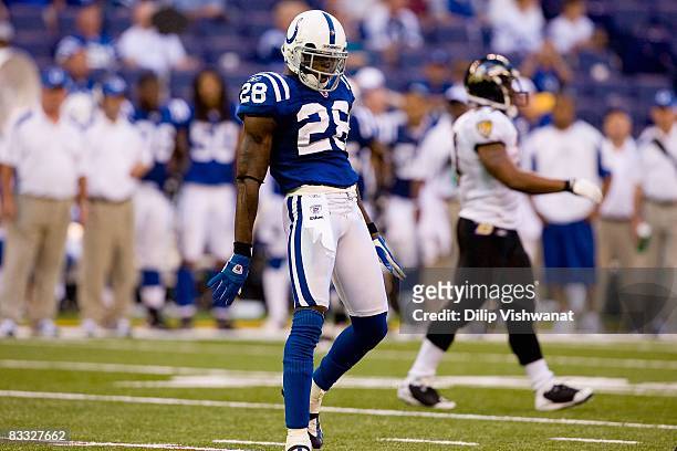 Marlin Jackson of the Indianapolis Colts celebrates a tackle against the Baltimore Ravens at Lucas Oil Stadium on October 12, 2008 in Indianapolis,...