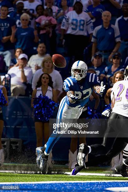 Reggie Wayne of the Indianapolis Colts hauls in a pass against the Baltimore Ravens at Lucas Oil Stadium on October 12, 2008 in Indianapolis, Indiana.