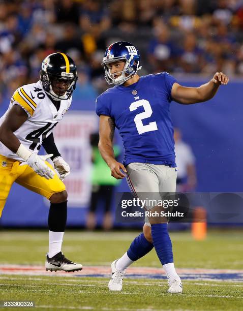 Aldrick Rosas of the New York Giants in action during an NFL preseason game against the Pittsburgh Steelers at MetLife Stadium on August 11, 2017 in...