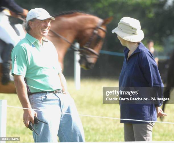 Capt Mark Phillips enjoys a joke with former wife Princess Royal at the Festival of British Eventing at Gatcombe Park, Gloucestershire.