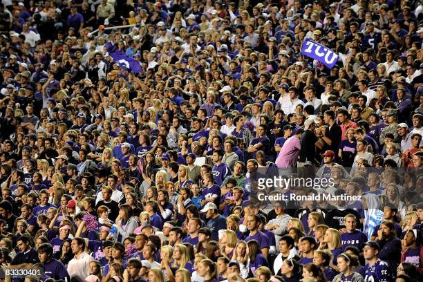 Fans cheer for the TCU Horned Frogs during play against the BYU Cougars at Amon G. Carter Stadium on October 16, 2008 in Fort Worth, Texas.