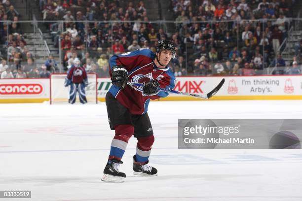 Joe Sakic of the Colorado Avalanche skates against the Philadelphia Flyers at the Pepsi Center on October 16, 2008 in Denver, Colorado. The Avalanche...