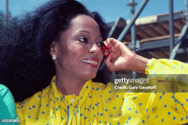 Close-up of American Soul and Pop musician Diana Ross as she speaks to the press to announce her rescheduled Central Park concert, New York, New...