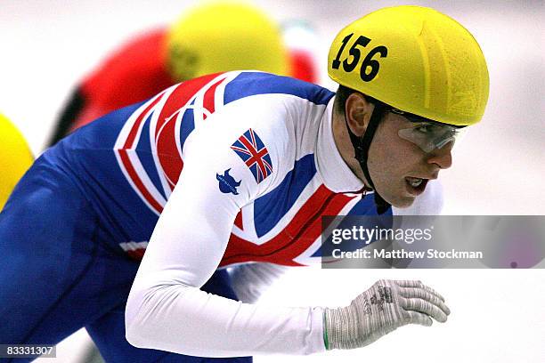 Jon Eley of Great Britain competes in the 1000 meter preliminaries during the Samsung ISU World Cup Short Track at the Utah Olympic Oval October 17,...