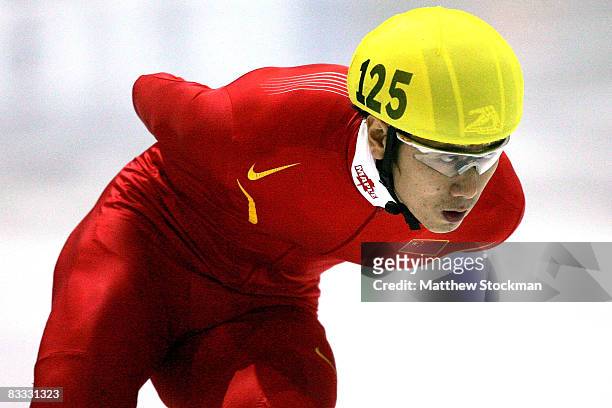 Jialiang Han of China competes in the 1000 meter preliminaries during the Samsung ISU World Cup Short Track at the Utah Olympic Oval October 17, 2008...