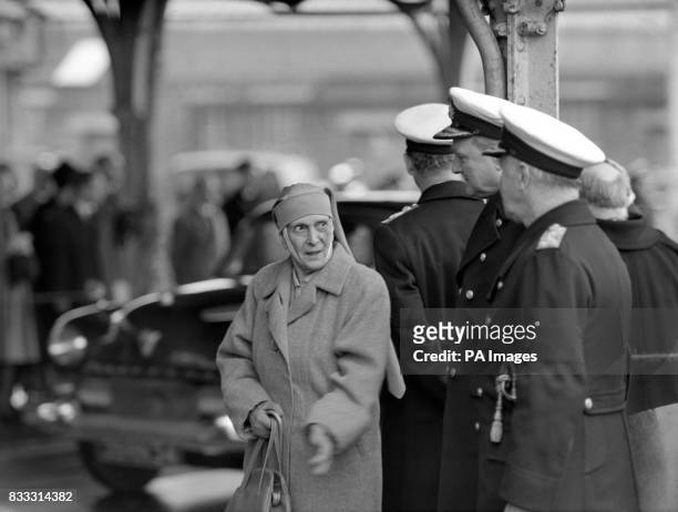 Princess Andrew of Greece, mother of the Duke of Edinburgh, on the quayside at Portsmouth attending the funeral of Countess Mountbatten which took...