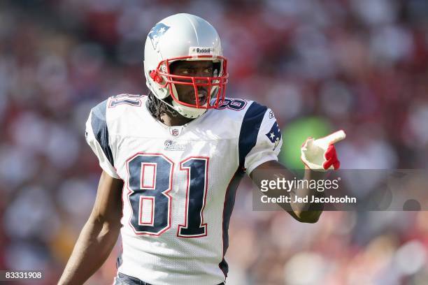 Randy Moss of the New England Patriots motions on the field during the game against the San Francisco 49ers on October 5, 2008 at Candlestick Park in...