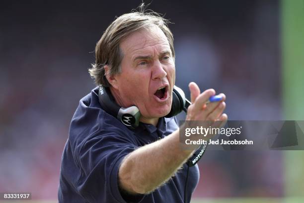 Head coach Bill Belichick of the New England Patriots yells during the game against the San Francisco 49ers on October 5, 2008 at Candlestick Park in...