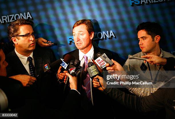 Wayne Gretzky of the Phoenix Coyotes takes questions from the media after suffering a loss to the Ottawa Senators in a game on October 17, 2008 at...