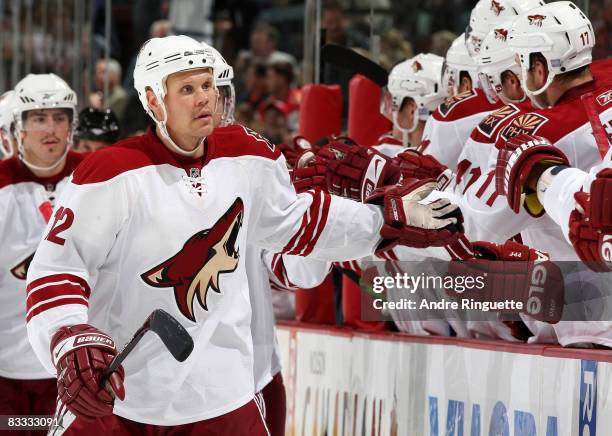 Olli Jokinen of the Phoenix Coyotes celebrates a third period goal against the Ottawa Senators at Scotiabank Place on October 17, 2008 in Ottawa,...