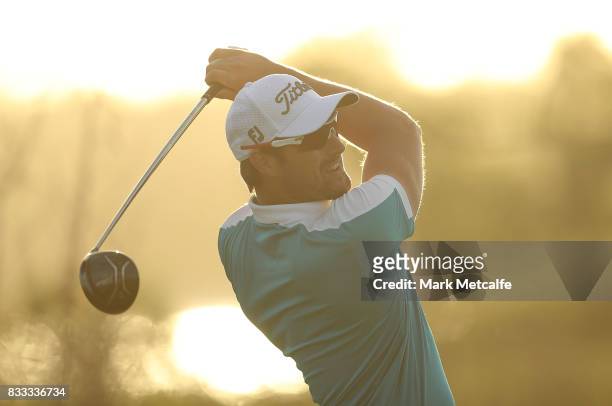 Daniel Pearce of New Zealand hits his tee shot on the 18th hole during day one of the 2017 Fiji International at Natadola Bay Championship Golf...
