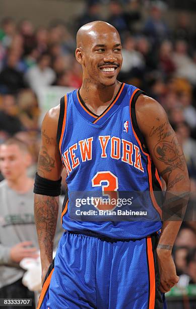 Stephon Marbury of the New York Knicks smiles before a game against the Boston Celtics in preseason action October 17, 2008 at the TD Banknorth...