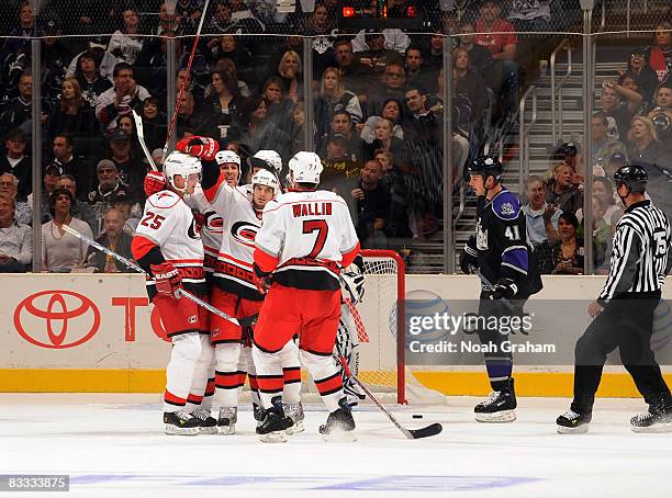 The Carolina Hurricanes celebrate a goal during the second period of their game against the Los Angeles Kings on October 17, 2008 at Staples Center...