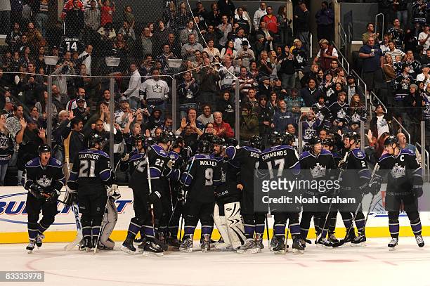The Los Angeles Kings celebrate the game-winning goal in overtime against the Carolina Hurricanes on October 17, 2008 at Staples Center in Los...