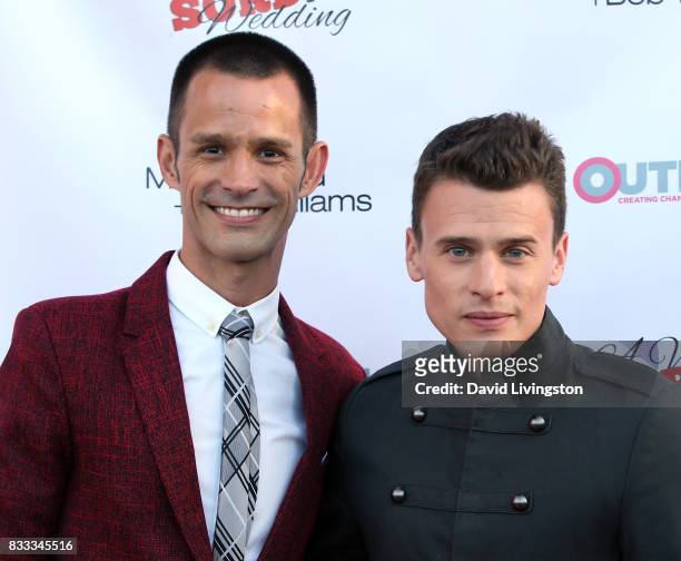 Actors Emerson Collins and Blake McIver Ewing attend the premiere of Beard Collins Shores Productions' "A Very Sordid Wedding" at Laemmle's Ahrya...