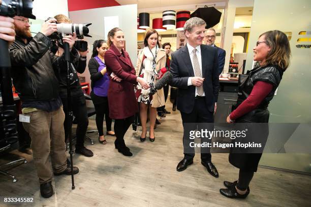 Prime Minister Bill English visits a hairdressing salon during a trip to North City Shopping Centre on August 17, 2017 in Wellington, New Zealand....