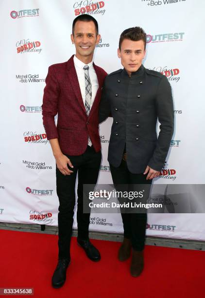 Actors Emerson Collins and Blake McIver Ewing attend the premiere of Beard Collins Shores Productions' "A Very Sordid Wedding" at Laemmle's Ahrya...