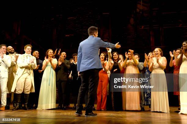 Actor/writer/songwriter Lin-Manuel Miranda and the cast appear onstage at the opening night curtain call for "Hamilton" at the Pantages Theatre on...