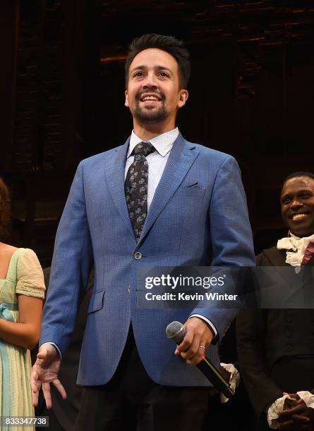 Actor/writer/songwriter Lin-Manuel Miranda appears onstage at the opening night curtain call for "Hamilton" at the Pantages Theatre on August 16,...